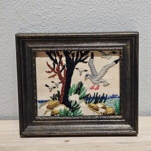 Vintage 1973 Sea Gull Crewel Embroidery Paula Denham In Frame